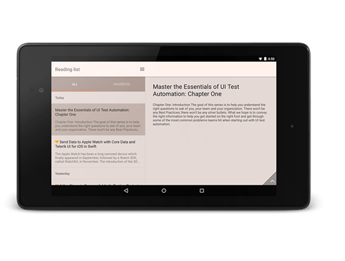 master-detail-tablet A typical representation of the master-detail scenario on a tablet. The user is presented with a list of items. Upon selection, the details for the selected item are usually presented on the same screen.